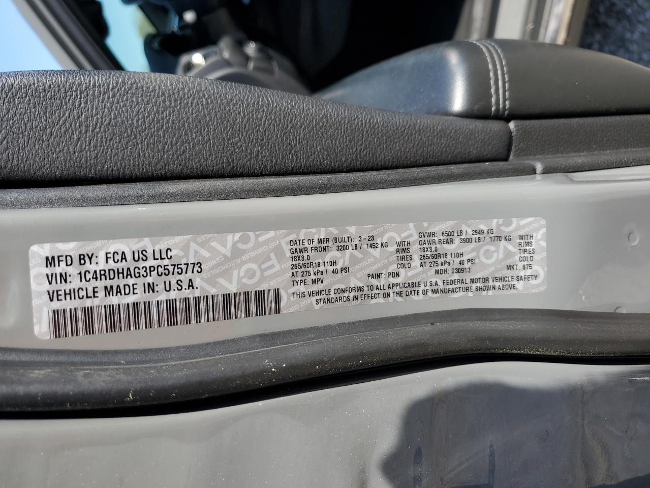 2023 DODGE DURANGO SXT VIN:1C4RDHAG3PC575773