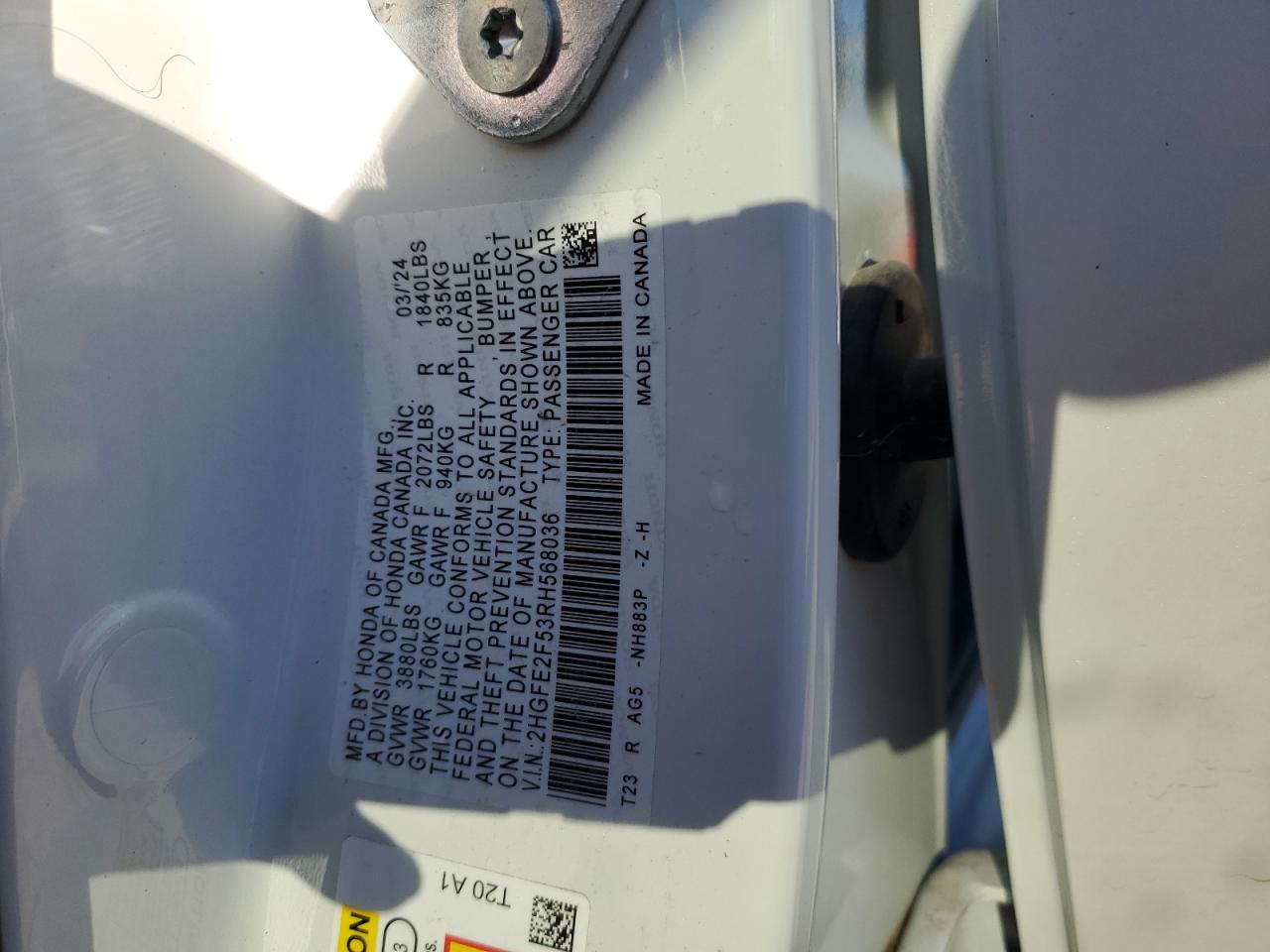 2024 HONDA CIVIC SPORT VIN:2HGFE2F53RH568036