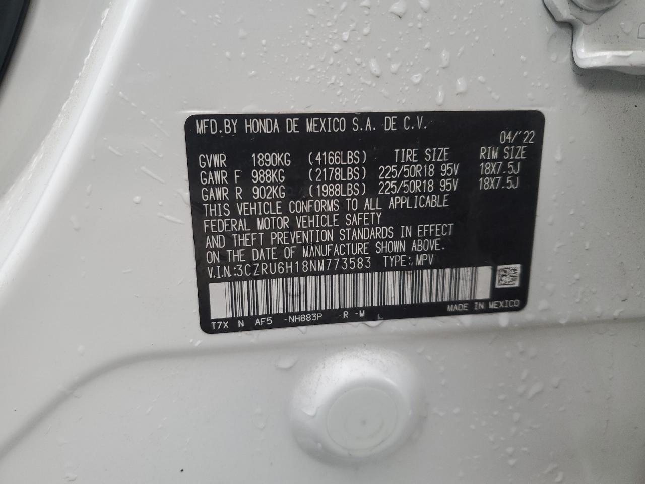 2022 HONDA HR-V SPORT VIN:3CZRU6H18NM773583