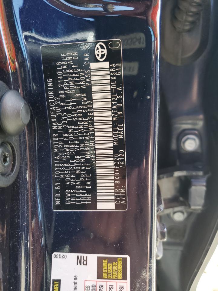 2022 TOYOTA COROLLA SE VIN:5YFS4MCE1NP136002