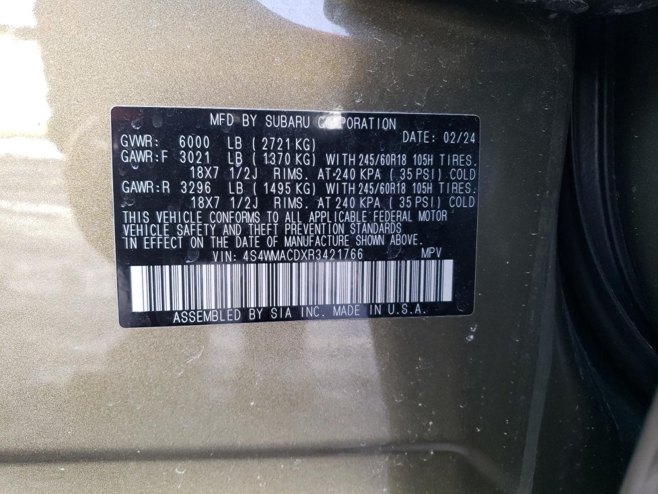 2024 SUBARU ASCENT PREMIUM VIN:4S4WMACDXR3421766