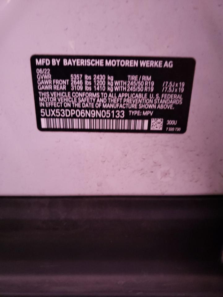 2022 BMW X3 XDRIVE30I VIN:5UX53DP06N9N05133