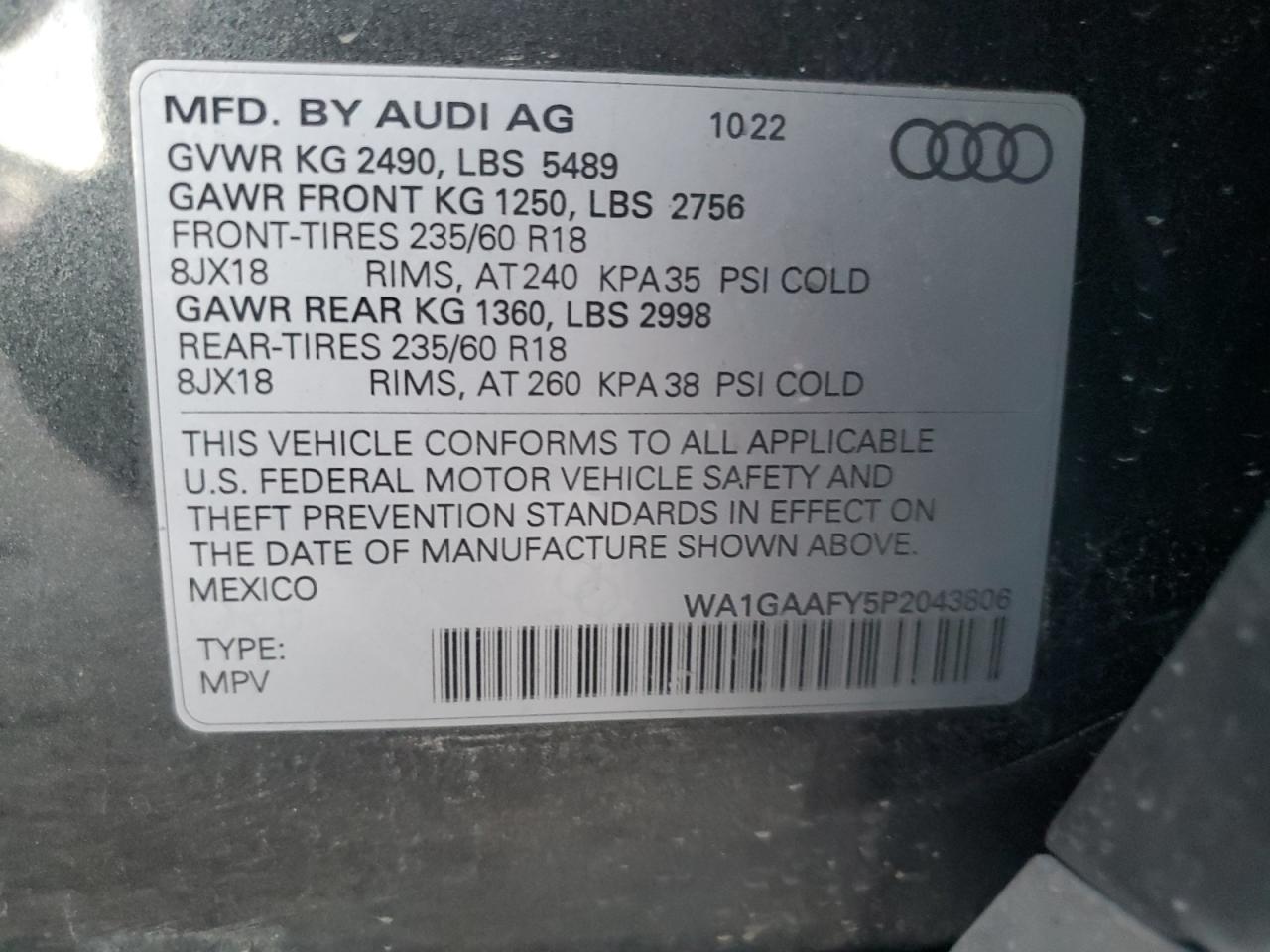 2023 AUDI Q5 PREMIUM 45 VIN:WA1GAAFY5P2043806