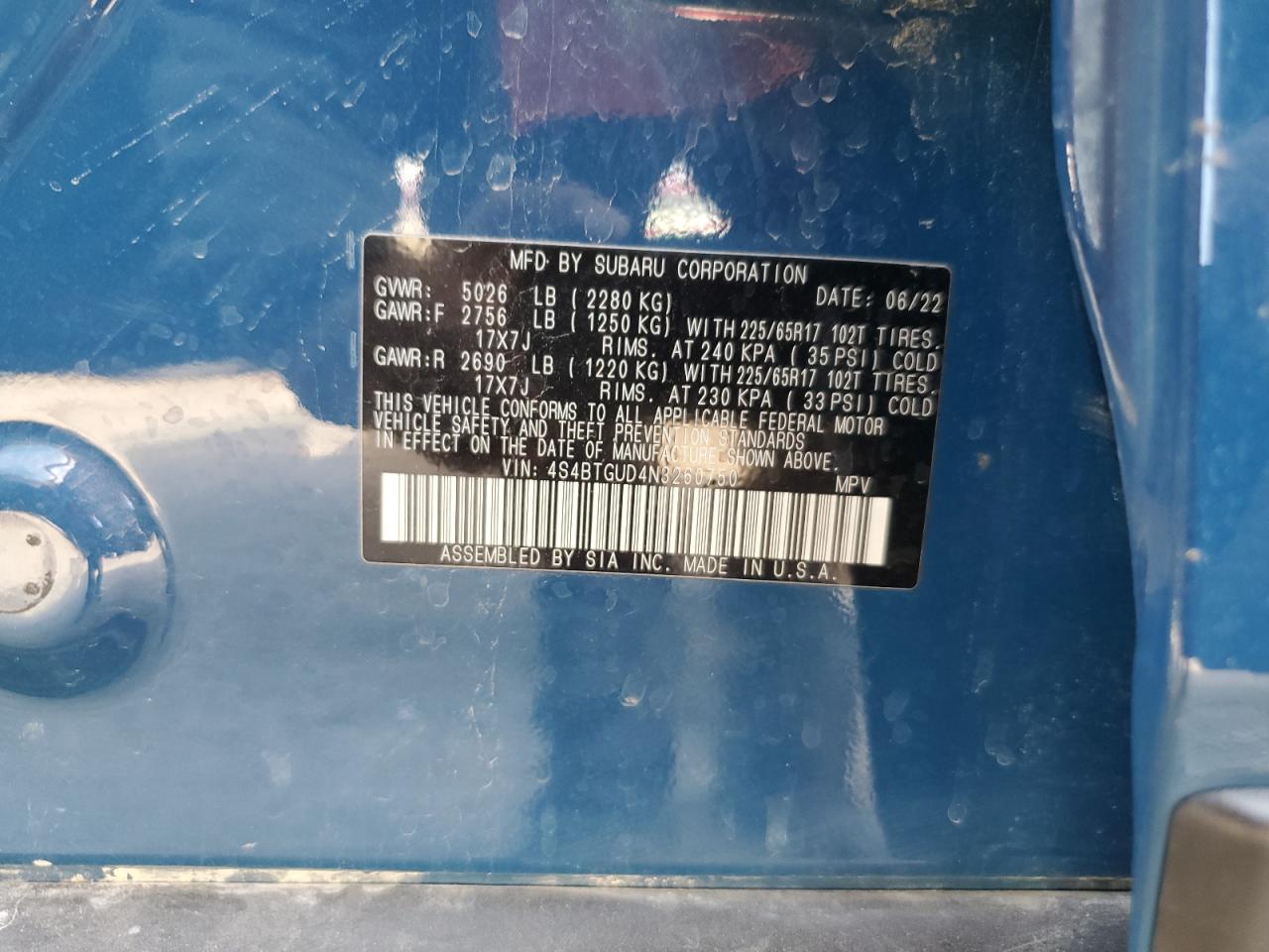 2022 SUBARU OUTBACK WILDERNESS VIN:4S4BTGUD4N3260750