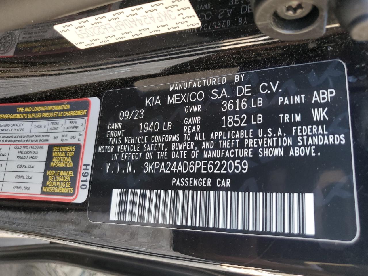 2023 KIA RIO LX VIN:3KPA24AD6PE622059