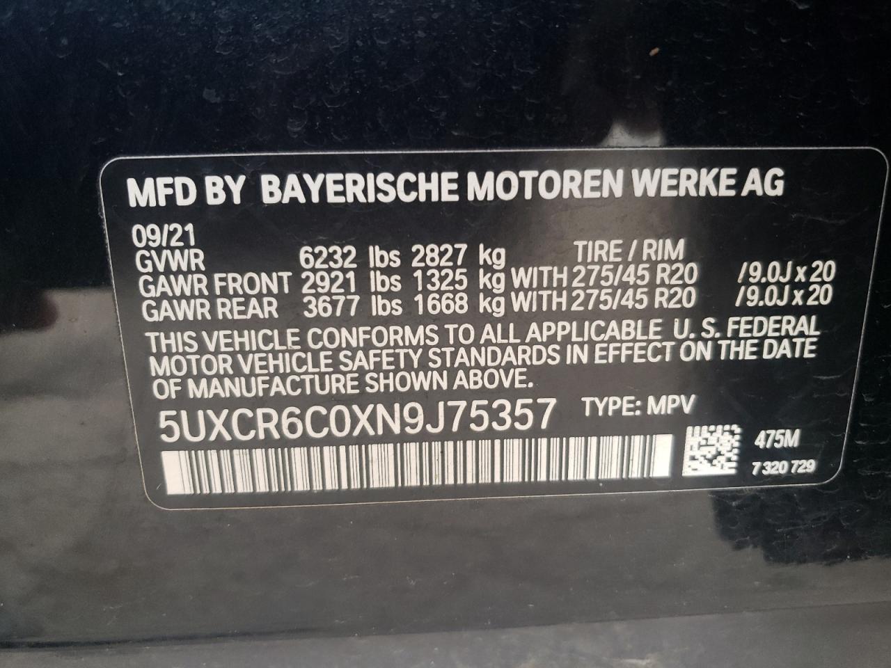 2022 BMW X5 XDRIVE40I VIN:5UXCR6C0XN9J75357