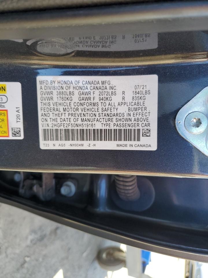 2022 HONDA CIVIC SPORT VIN:2HGFE2F50NH519161