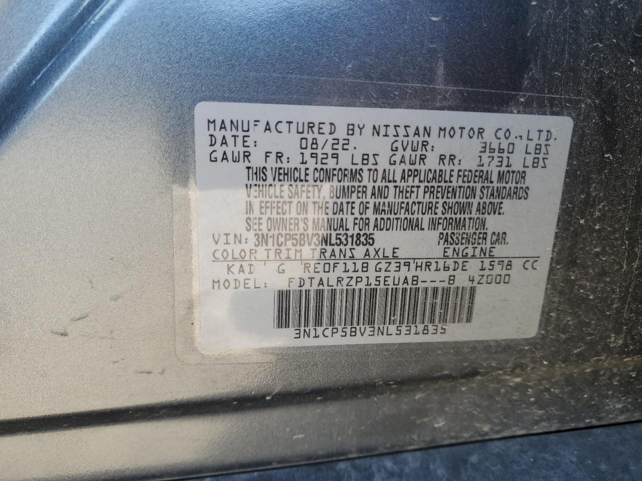 2022 NISSAN KICKS S VIN:3N1CP5BV3NL531835