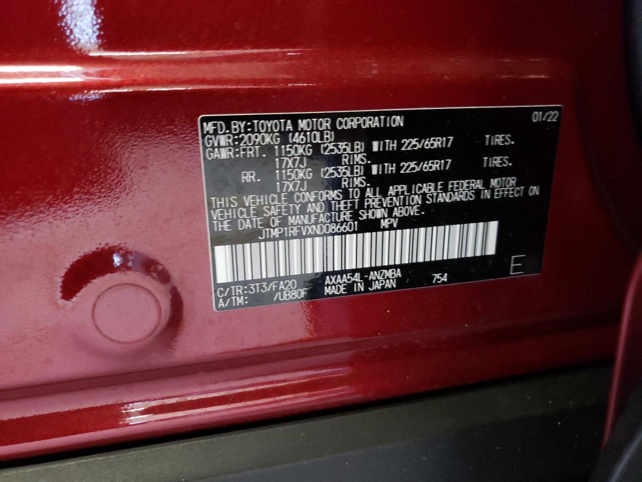 2022 TOYOTA RAV4 XLE VIN:JTMP1RFVXND086601