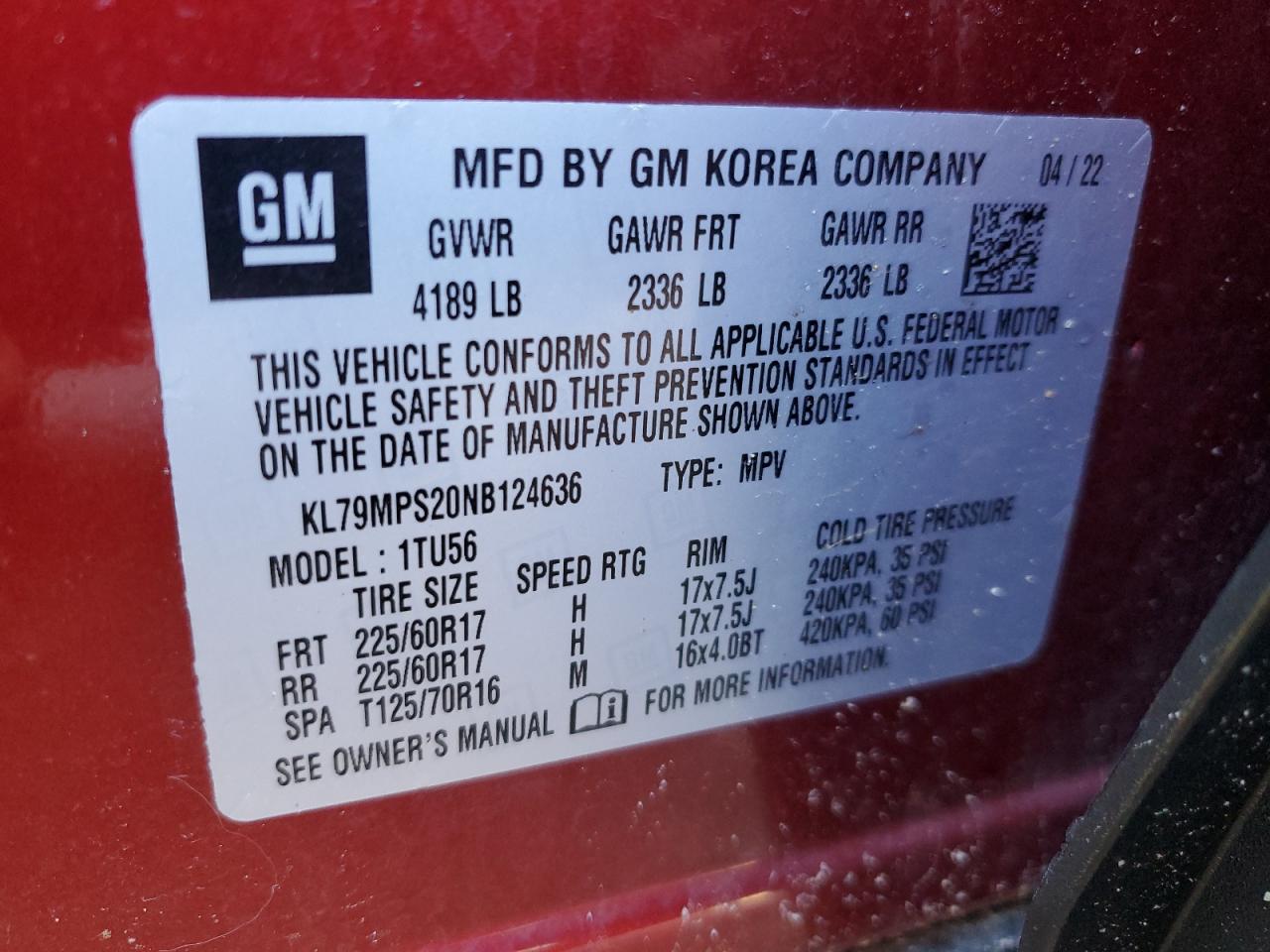 2022 CHEVROLET TRAILBLAZER LT VIN:KL79MPS20NB124636