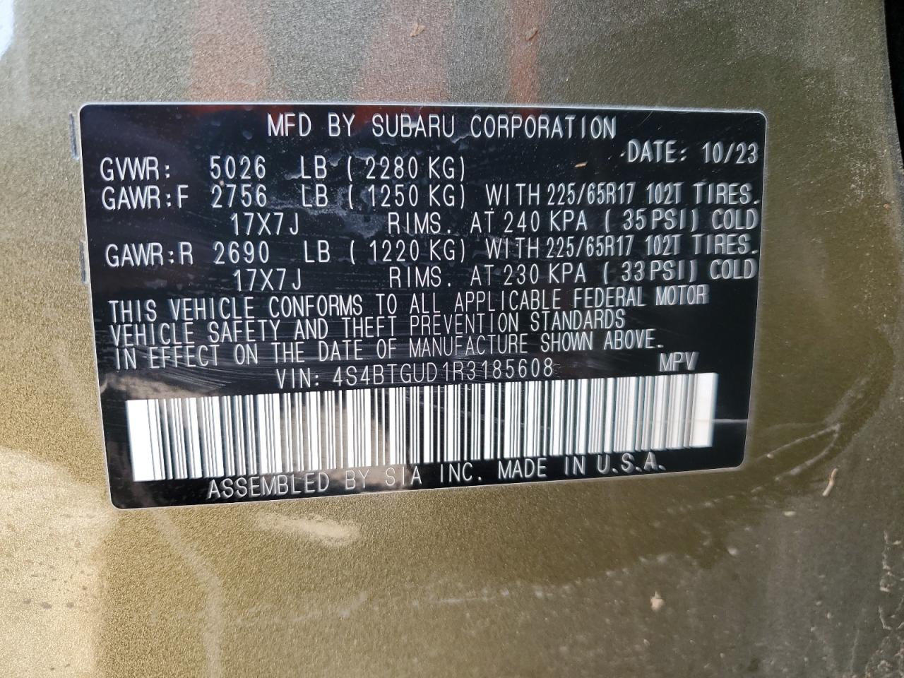 2024 SUBARU OUTBACK WILDERNESS VIN:4S4BTGUD1R3185608