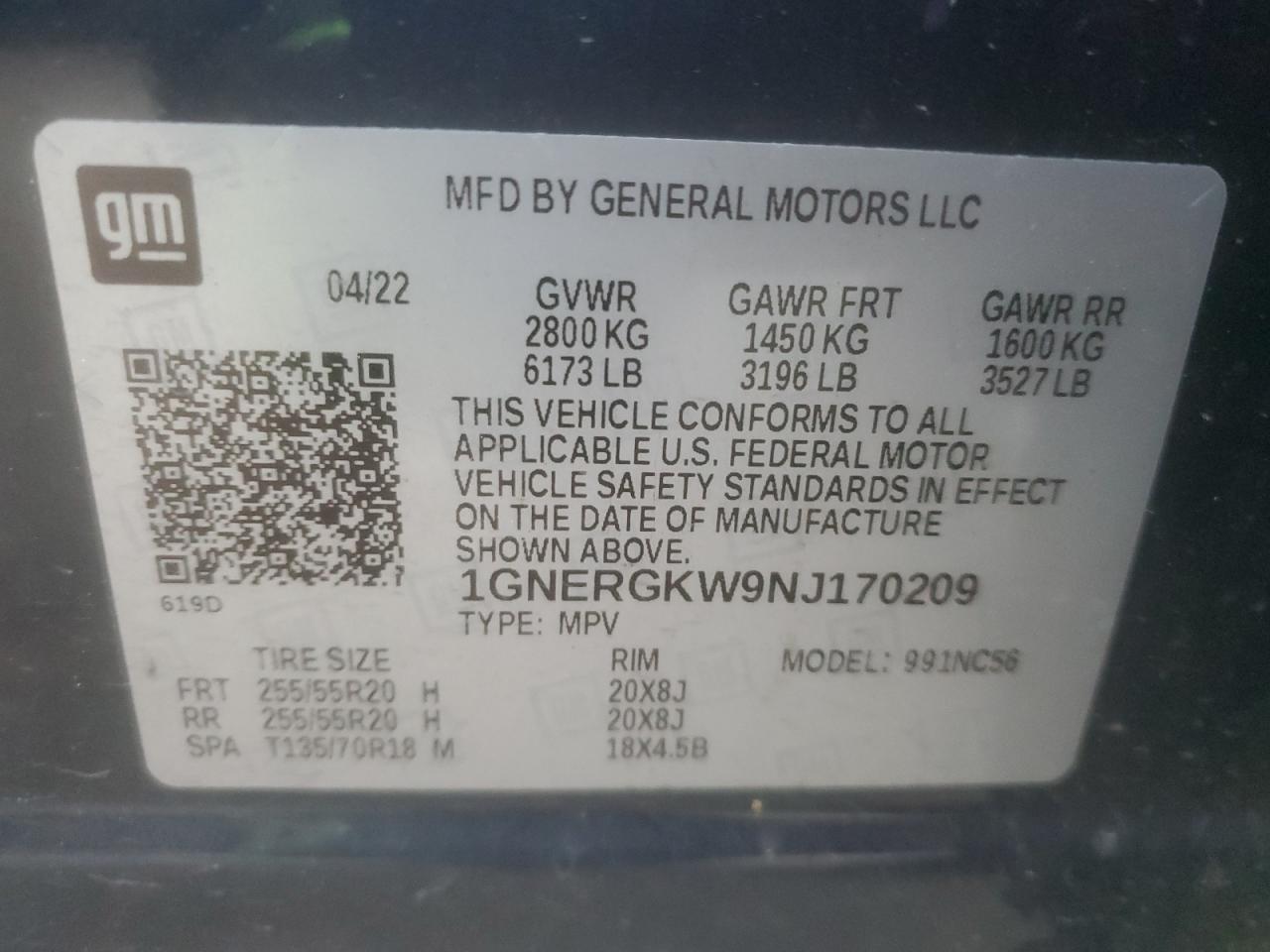 2022 CHEVROLET TRAVERSE LT VIN:1GNERGKW9NJ170209