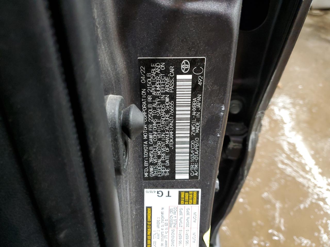 2022 TOYOTA PRIUS NIGHT SHADE VIN:JTDKAMFU9N3176655