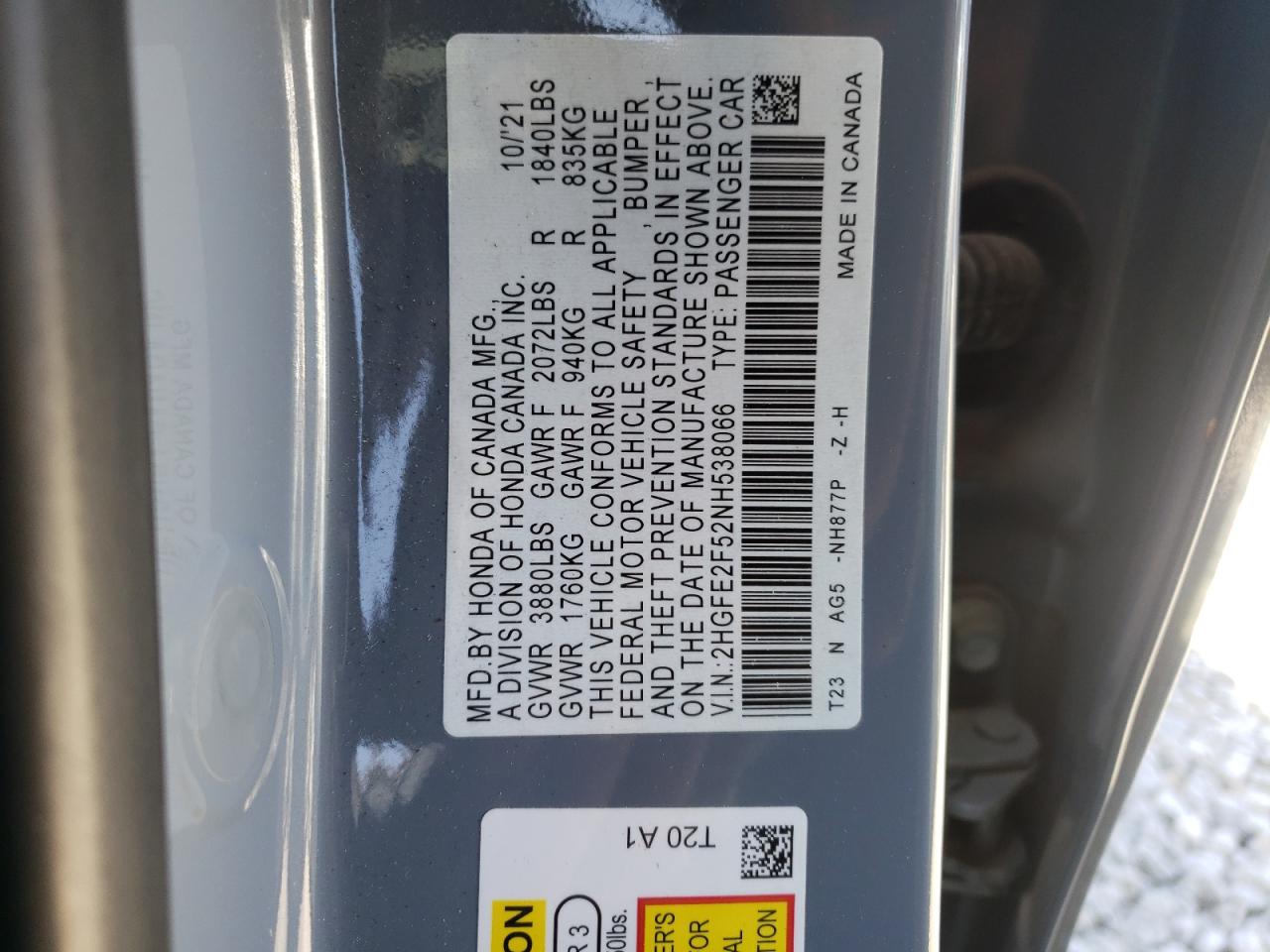 2022 HONDA CIVIC SPORT VIN:2HGFE2F52NH538066