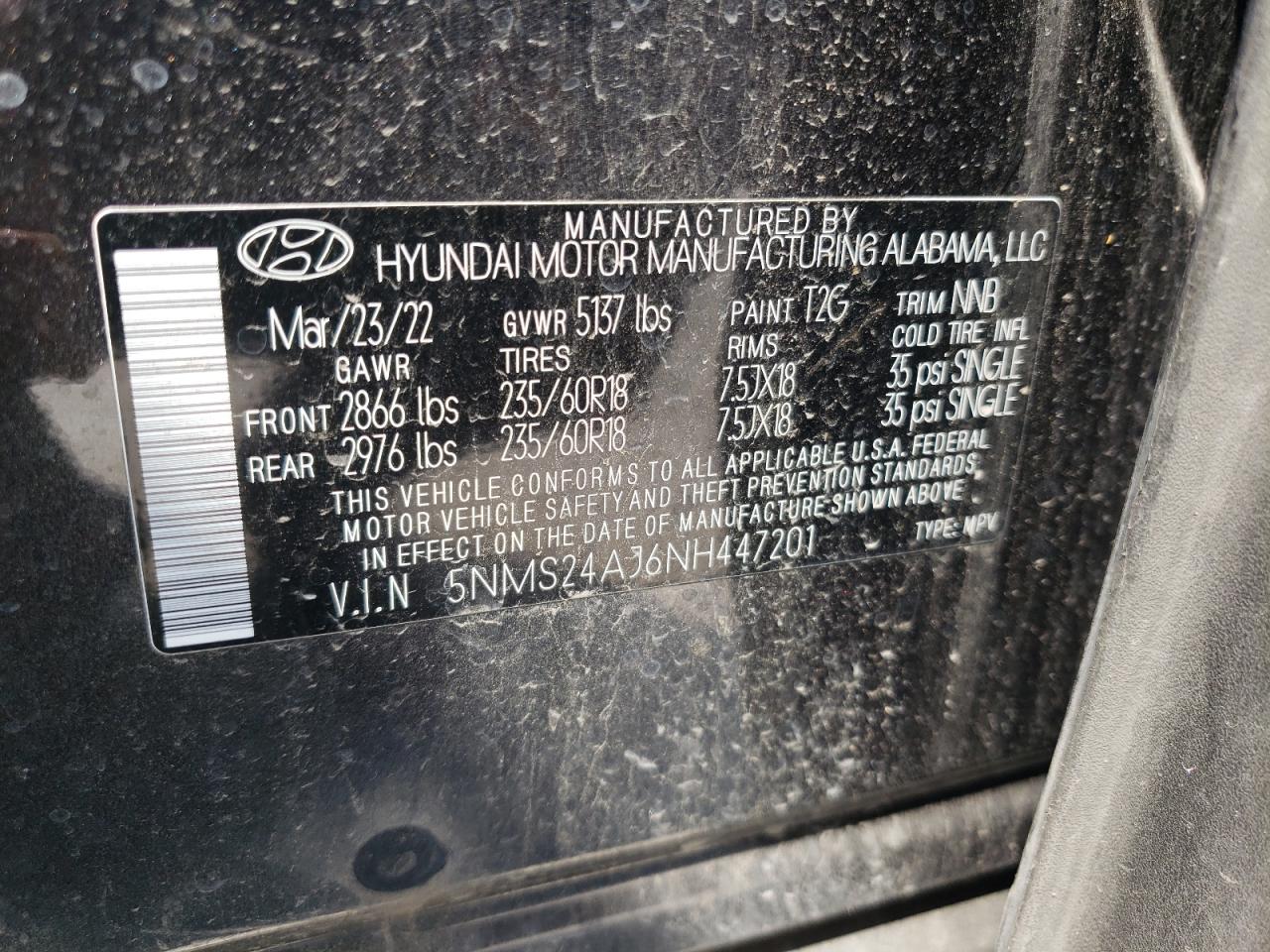 2022 HYUNDAI SANTA FE SEL VIN:5NMS24AJ6NH447201