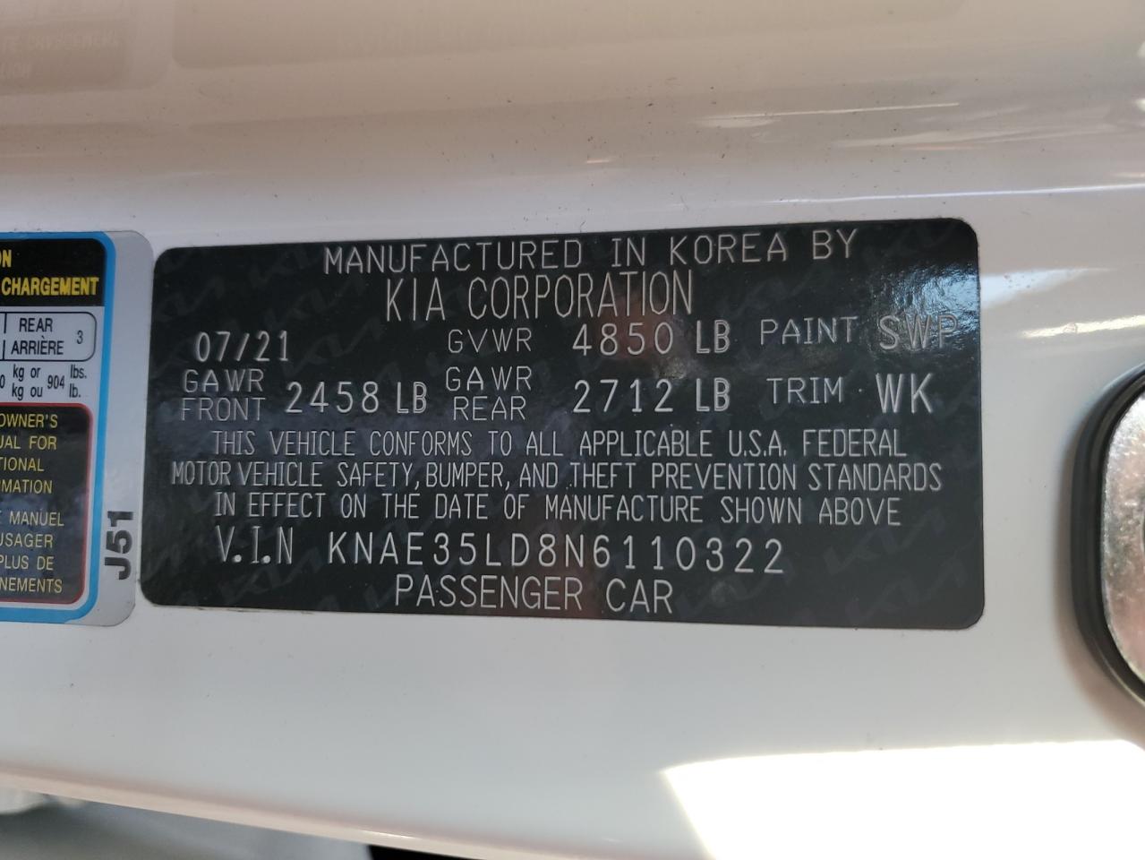 2022 KIA STINGER GT LINE VIN:KNAE35LD8N6110322