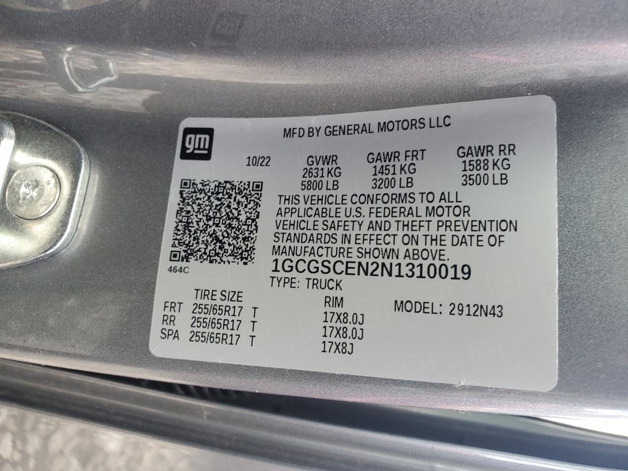 2022 CHEVROLET COLORADO LT VIN:1GCGSCEN2N1310019