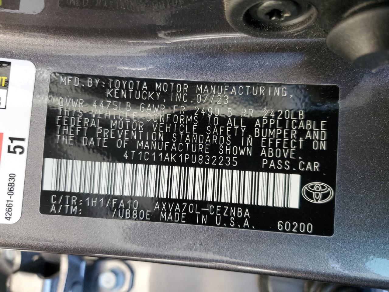 2023 TOYOTA CAMRY LE VIN:4T1C11AK1PU832235