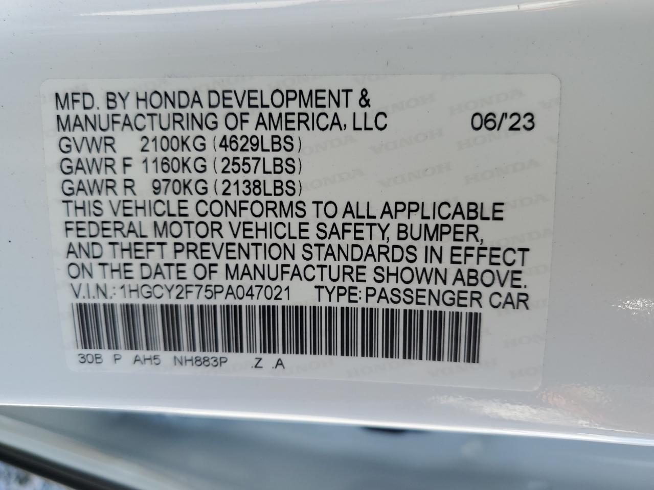 2023 HONDA ACCORD HYBRID SPORT-L VIN:1HGCY2F75PA047021