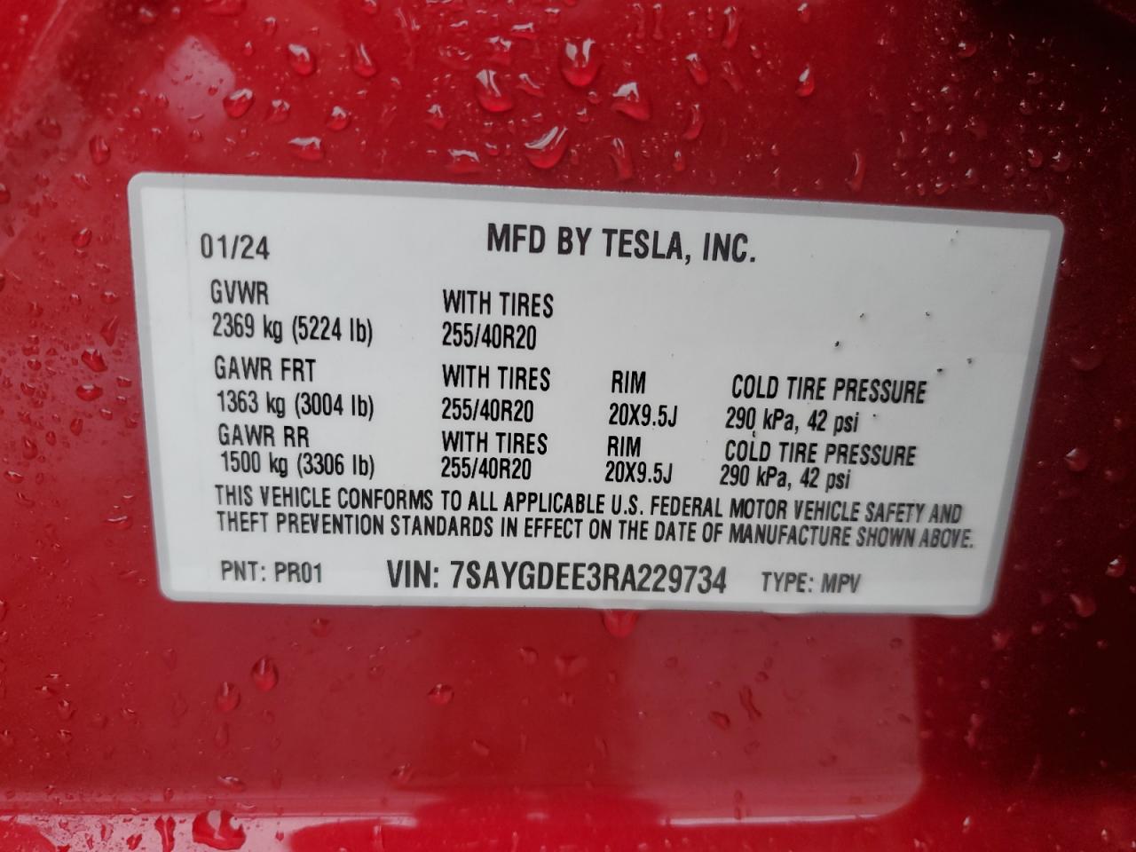 2024 TESLA MODEL Y  VIN:7SAYGDEE3RA229734