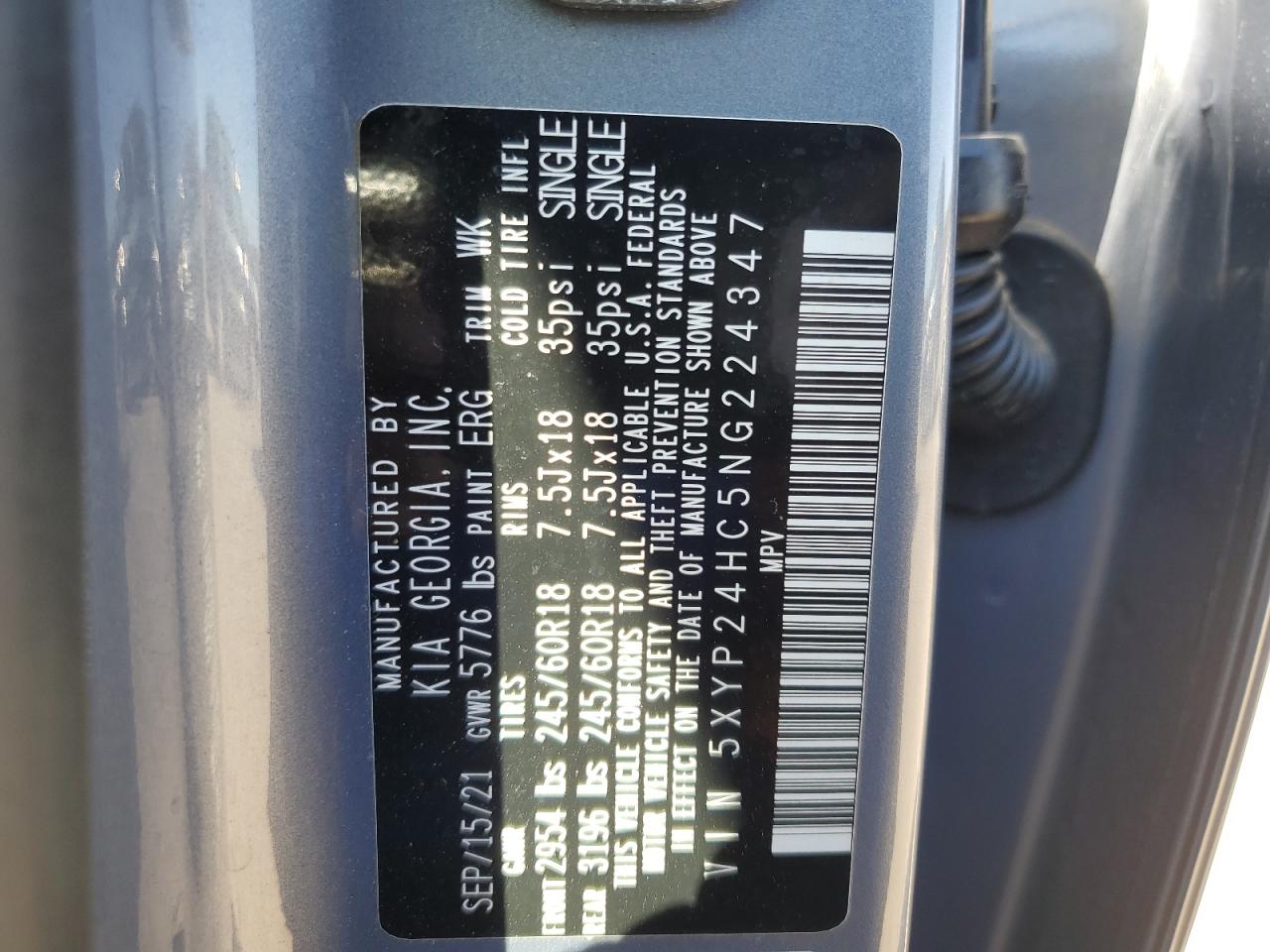 2022 KIA TELLURIDE LX VIN:5XYP24HC5NG224347