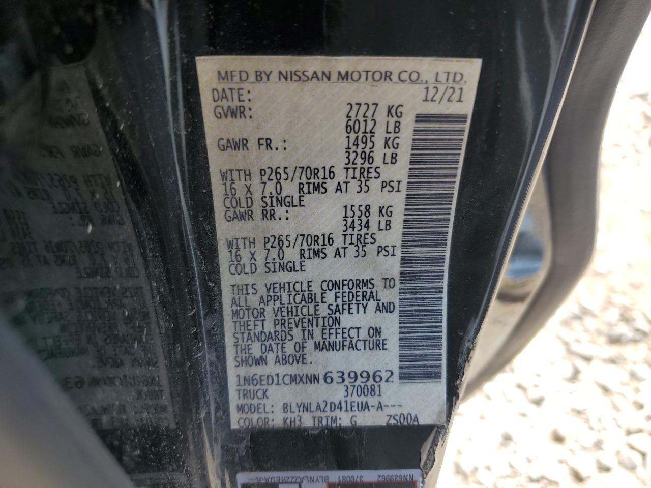 2022 NISSAN FRONTIER S VIN:1N6ED1CMXNN639962