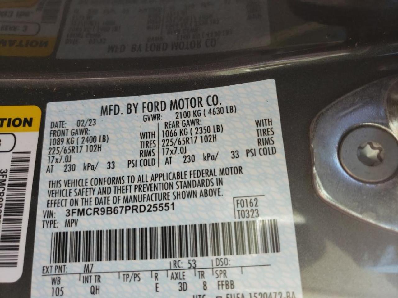 2023 FORD BRONCO SPORT BIG BEND VIN:3FMCR9B67PRD25551