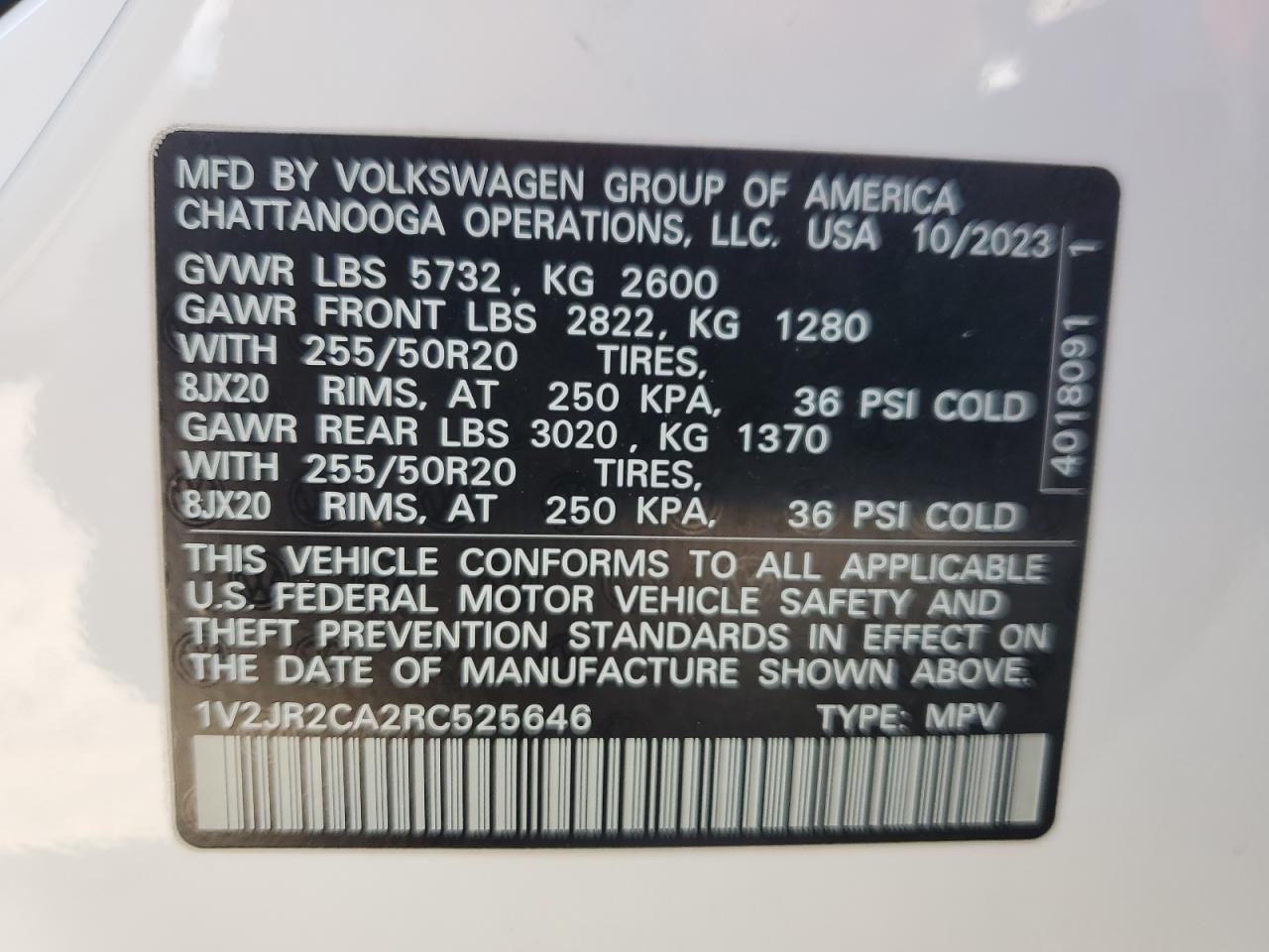 2024 VOLKSWAGEN ATLAS SE VIN:1V2JR2CA2RC525646