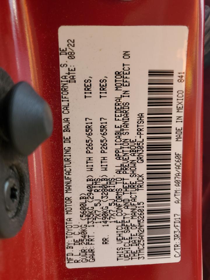 2022 TOYOTA TACOMA DOUBLE CAB VIN:3TMCZ5AN2NM526015