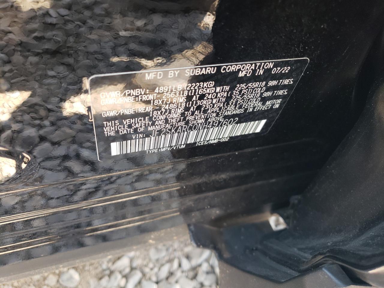 2022 SUBARU FORESTER TOURING VIN:JF2SKARC0NH497602