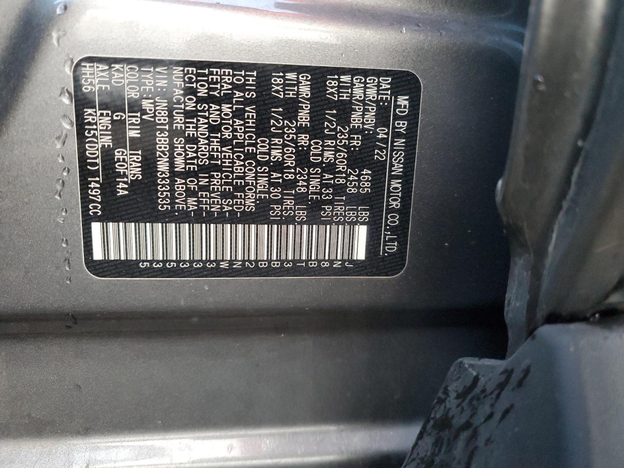 2022 NISSAN ROGUE SV VIN:3GCPKTE73DG126760