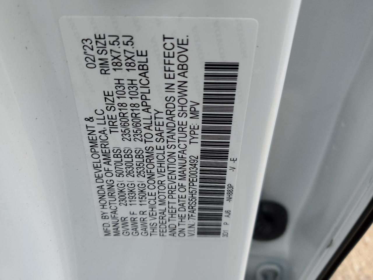 2023 HONDA CR-V SPORT VIN:7FARS5H57PE003492