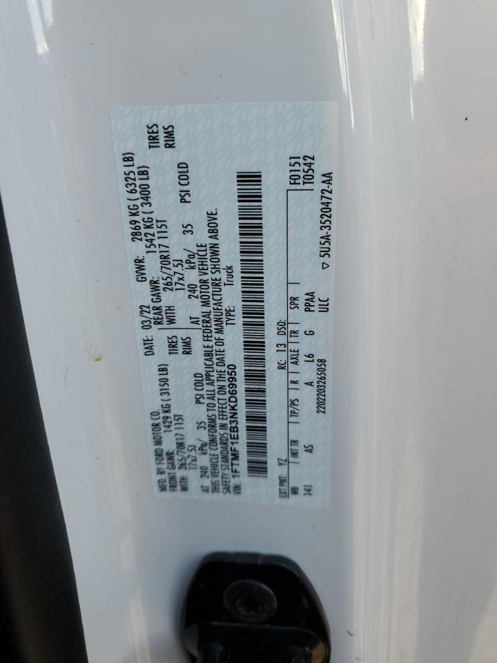 2022 FORD F150  VIN:1FTMF1EB3NKD69950