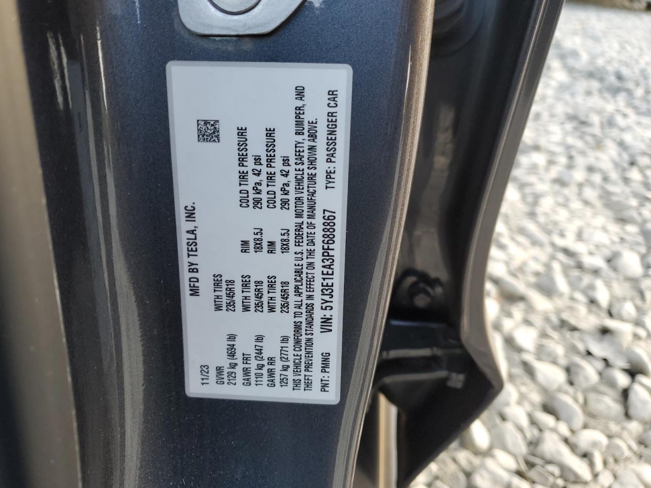 2023 TESLA MODEL 3  VIN:5YJ3E1EA3PF688867
