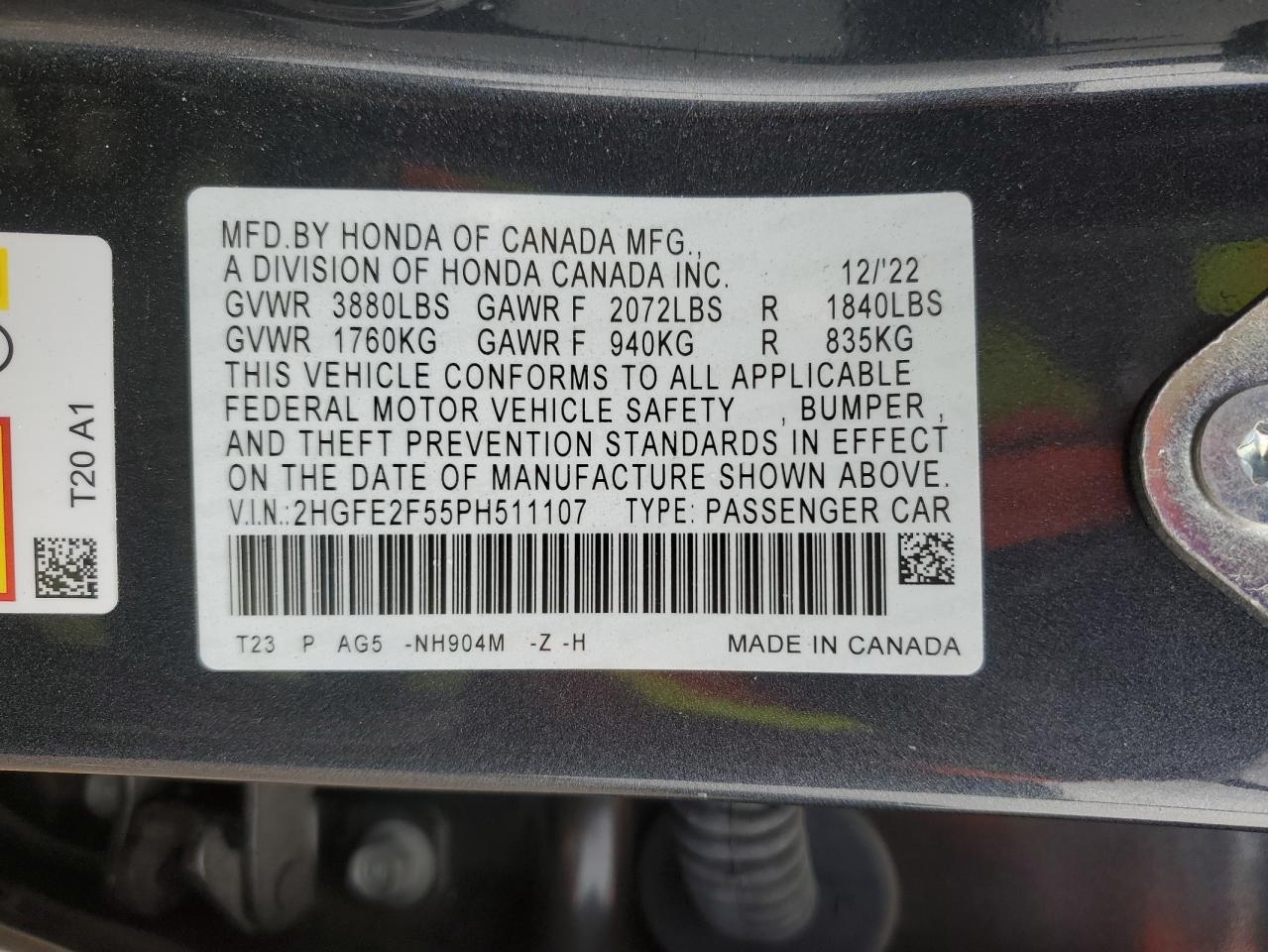 2023 HONDA CIVIC SPORT VIN:2HGFE2F55PH511107