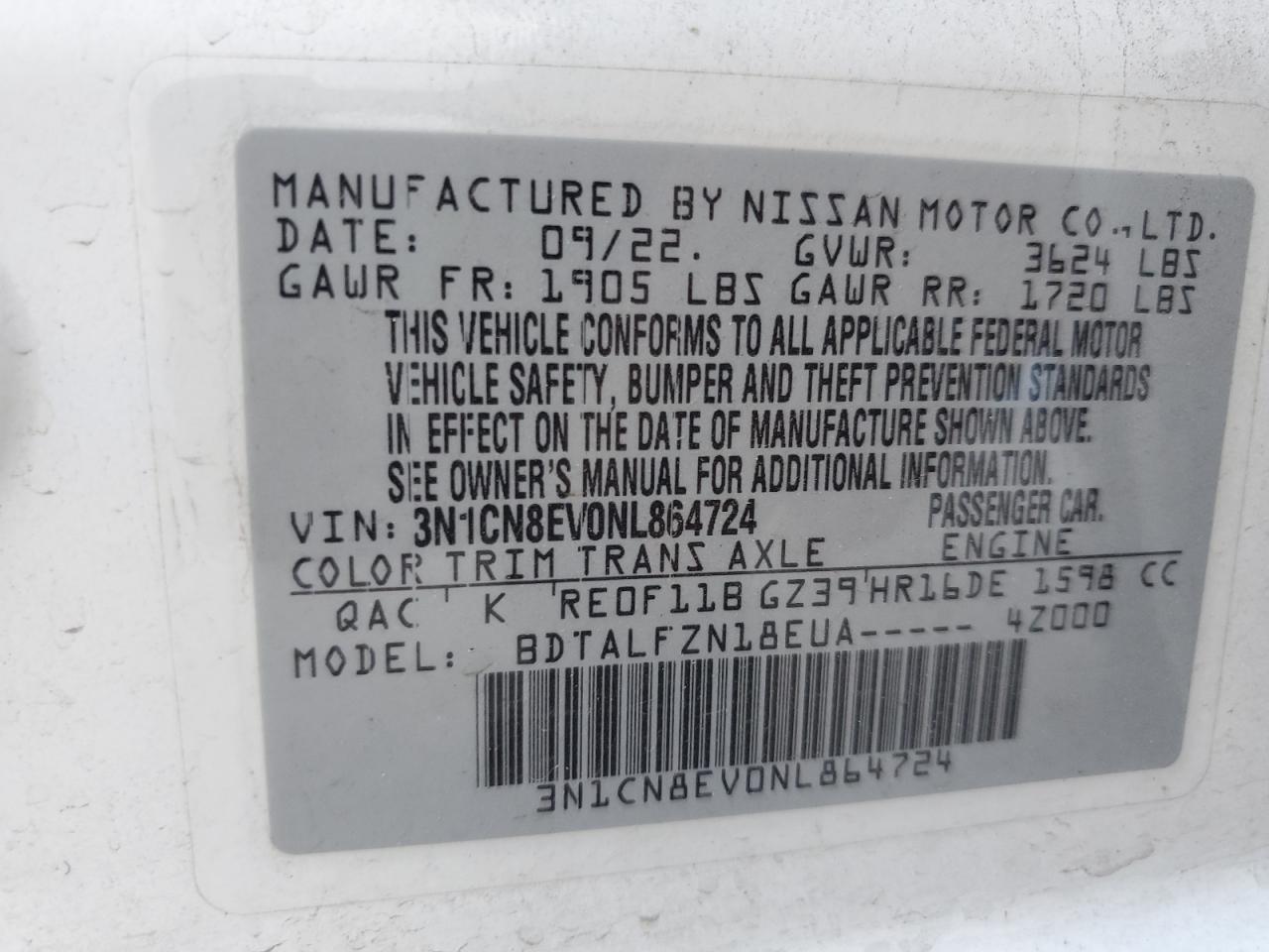 2022 NISSAN VERSA SV VIN:3N1CN8EV0NL864724