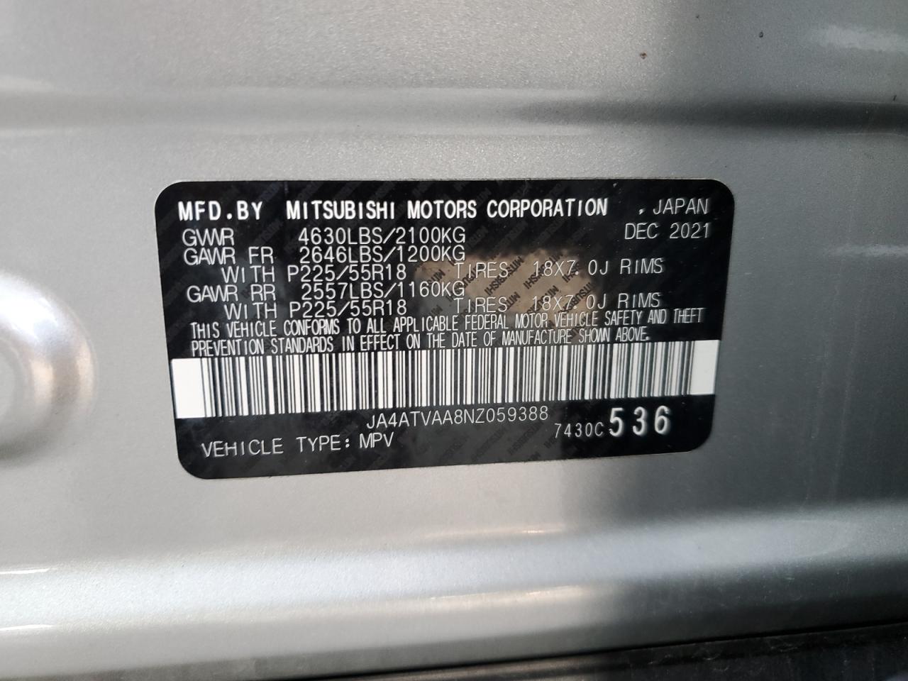 2022 MITSUBISHI ECLIPSE CROSS LE VIN:JA4ATVAA8NZ059388