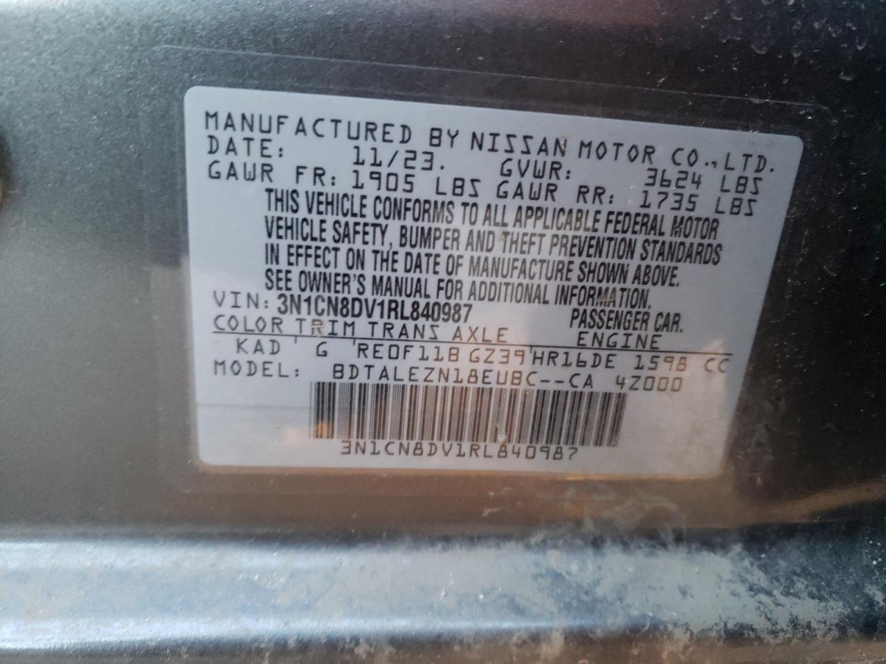 2024 NISSAN VERSA S VIN:1LNHL9FT8AG610023