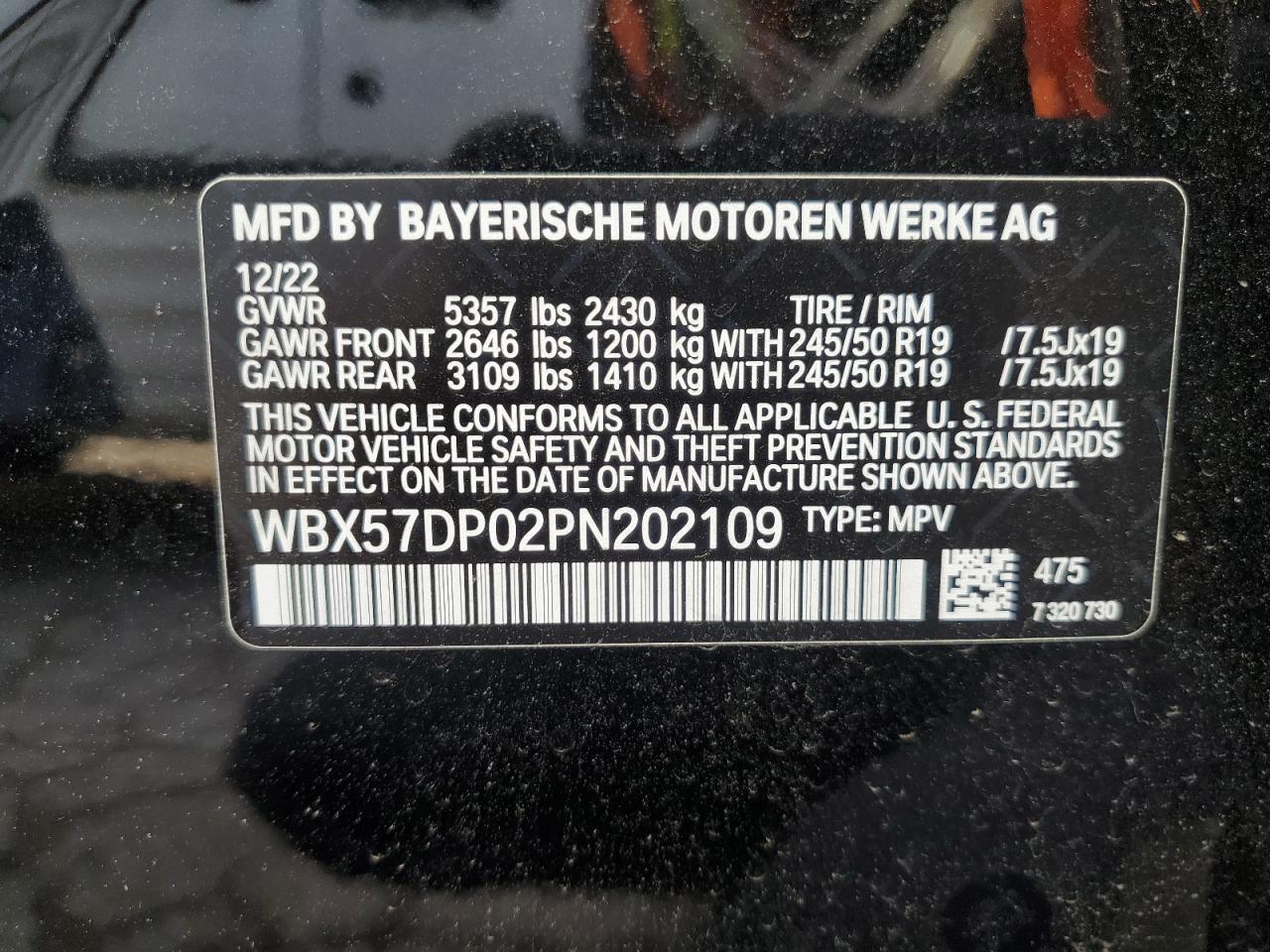 2023 BMW X3 XDRIVE30I VIN:WBX57DP02PN202109