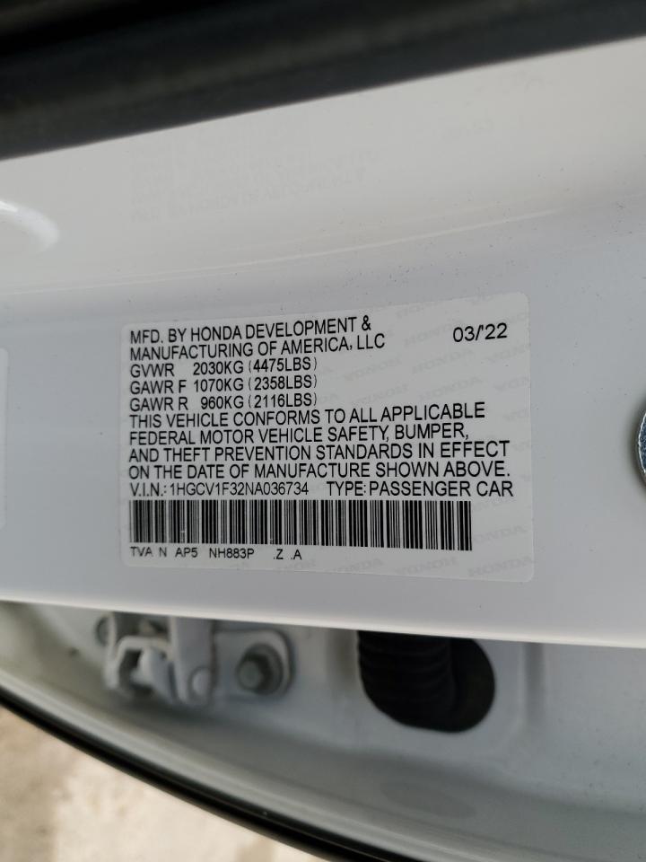 2022 HONDA ACCORD SPORT VIN:1HGCV1F32NA036734