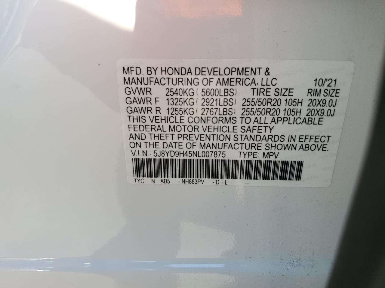 2022 ACURA MDX TECHNOLOGY VIN:5J8YD9H45NL007875