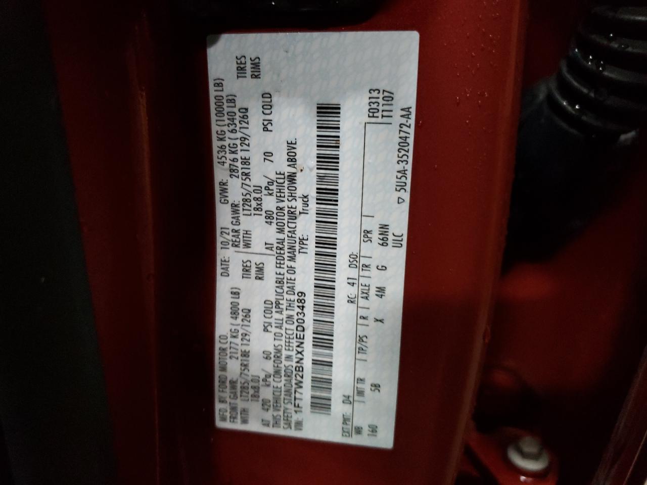 2022 FORD F250 SUPER DUTY VIN:1FT7W2BNXNED03489
