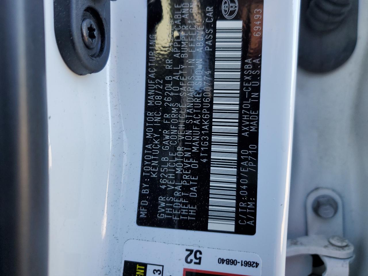 2023 TOYOTA CAMRY SE NIGHT SHADE VIN:4T1G31AK6PU600774