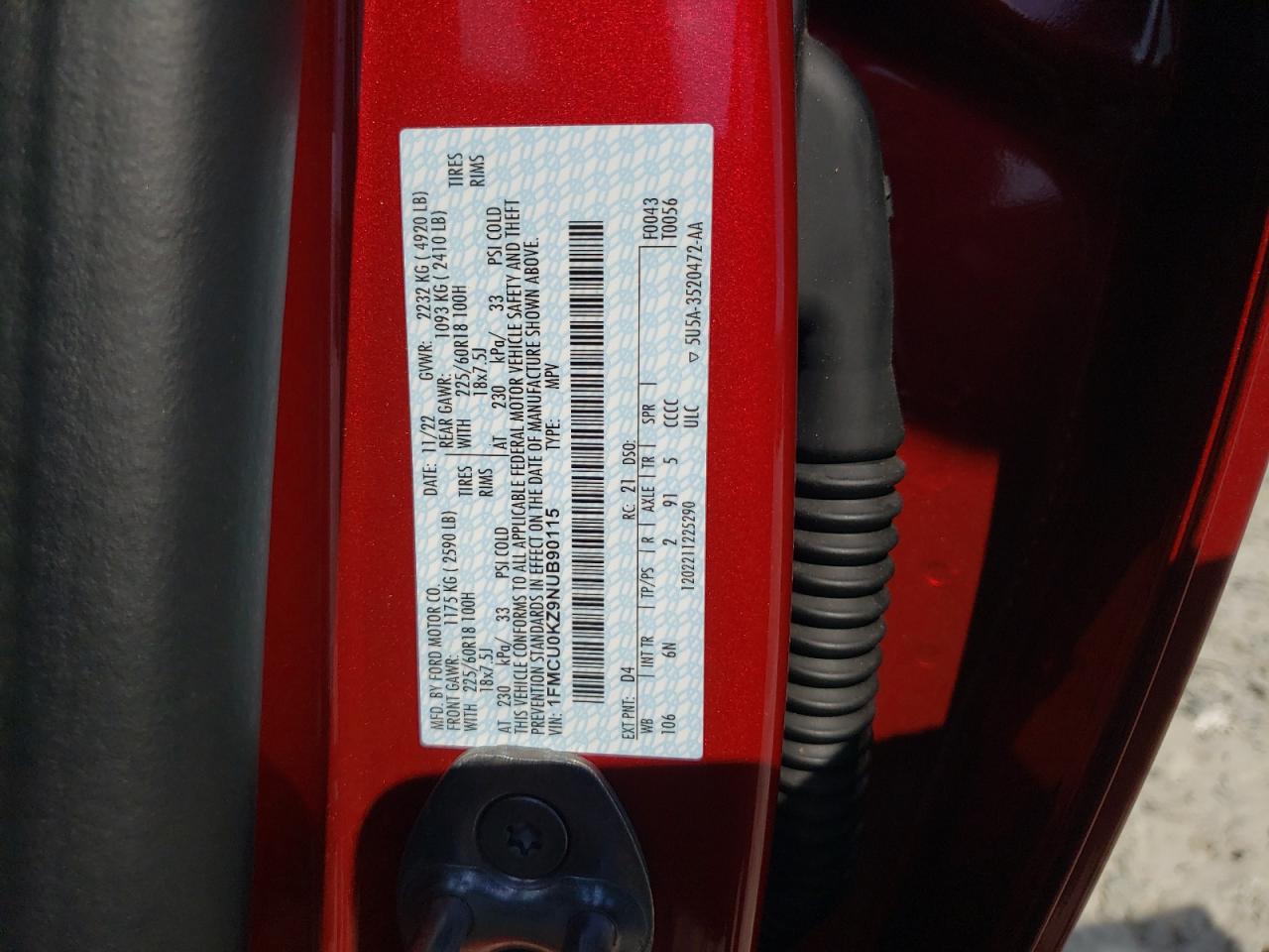 2022 FORD ESCAPE SEL VIN:1FMCU0KZ9NUB90115