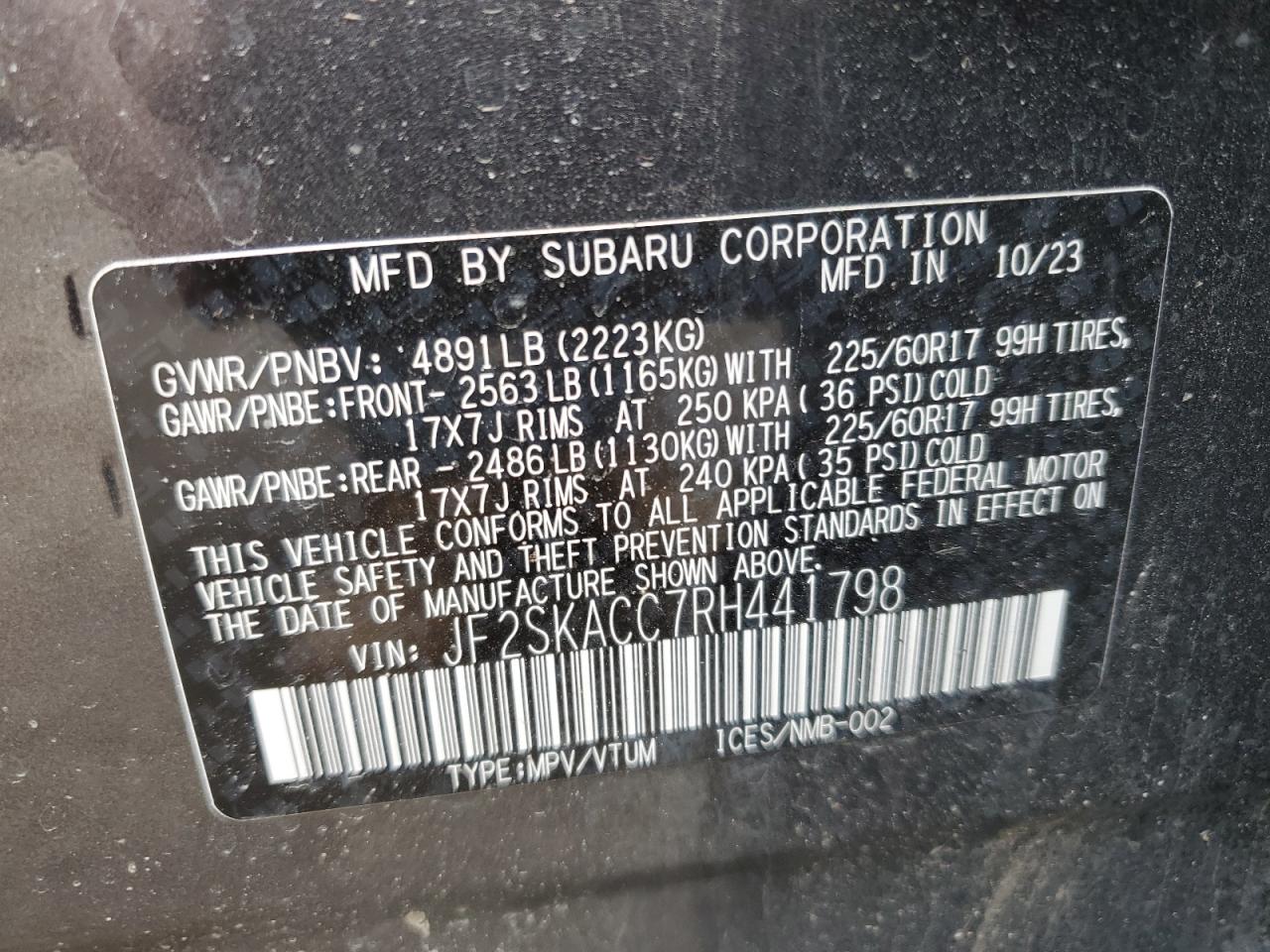 2024 SUBARU FORESTER PREMIUM VIN:JF2SKACC7RH441798