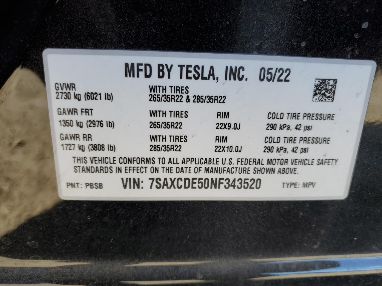 2022 TESLA MODEL X  VIN:7SAXCDE50NF343520