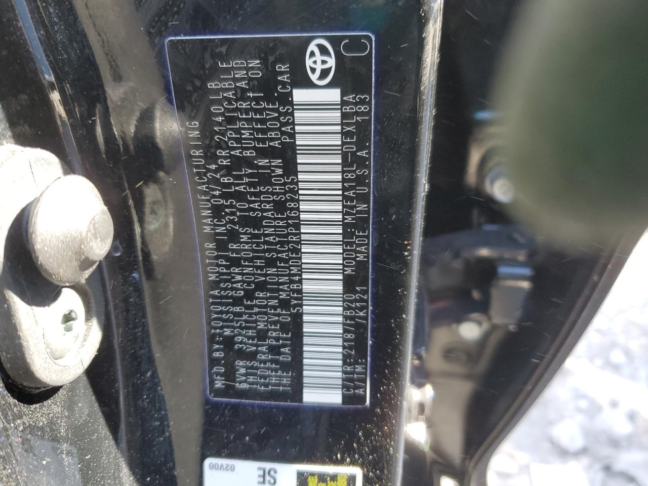 2024 TOYOTA COROLLA LE VIN:5YFB4MDE2RP168235