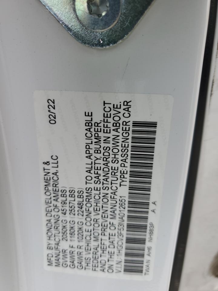 2022 HONDA ACCORD HYBRID EXL VIN:1HGCV3F53NA012651