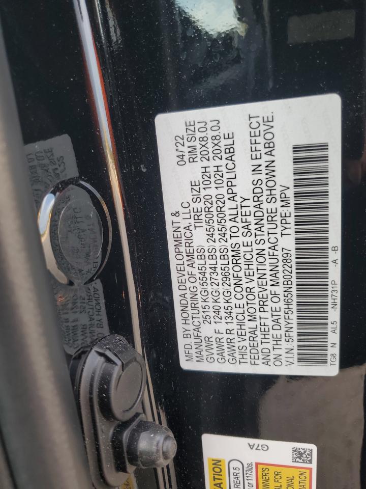 2022 HONDA PILOT TOURING VIN:5FNYF5H65NB022897