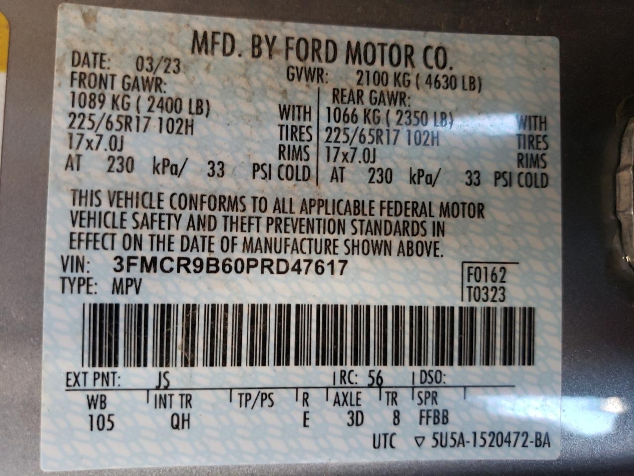 2023 FORD BRONCO SPORT BIG BEND VIN:3FMCR9B60PRD47617